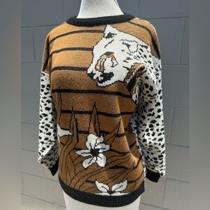 Vtg 80s Cheetah Print Intarsia Knit Sweater AOP Lurex Sz M Boho Graphic USA